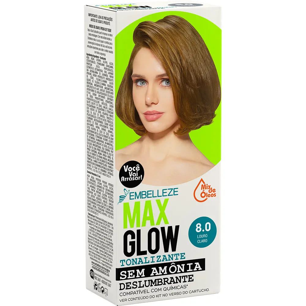 Tonalizante Vegano MaxGlow Louro Claro Deslumbrante 8.0 KIT_E