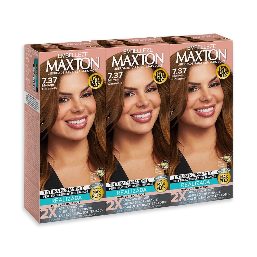 Kit 3 Tinta de cabelo Maxton Delícias Marrom Caramelo 7.37