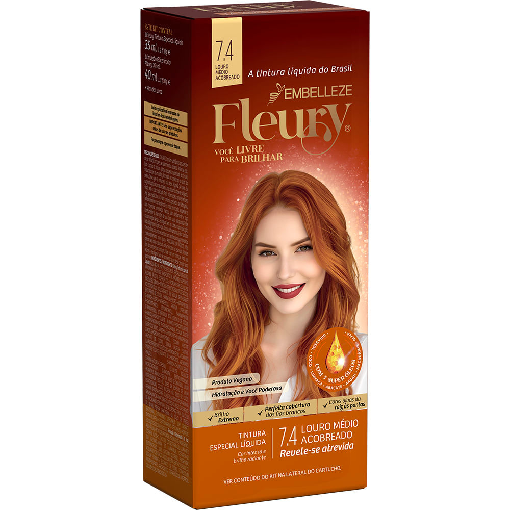 Tinta de cabelo Fleury Louro Médio Acobreado 7.4 KIT