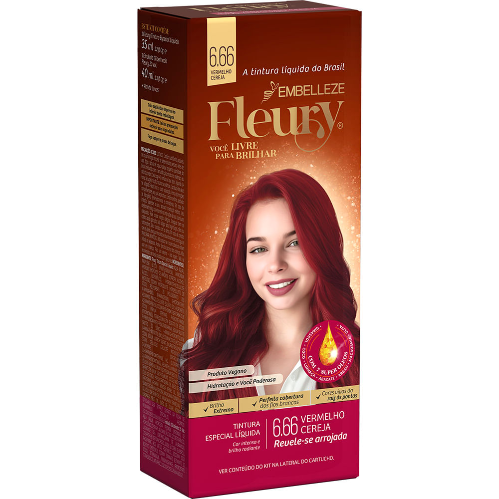 Tinta de Cabelo Fleury Vermelho Cereja 6.66 KIT